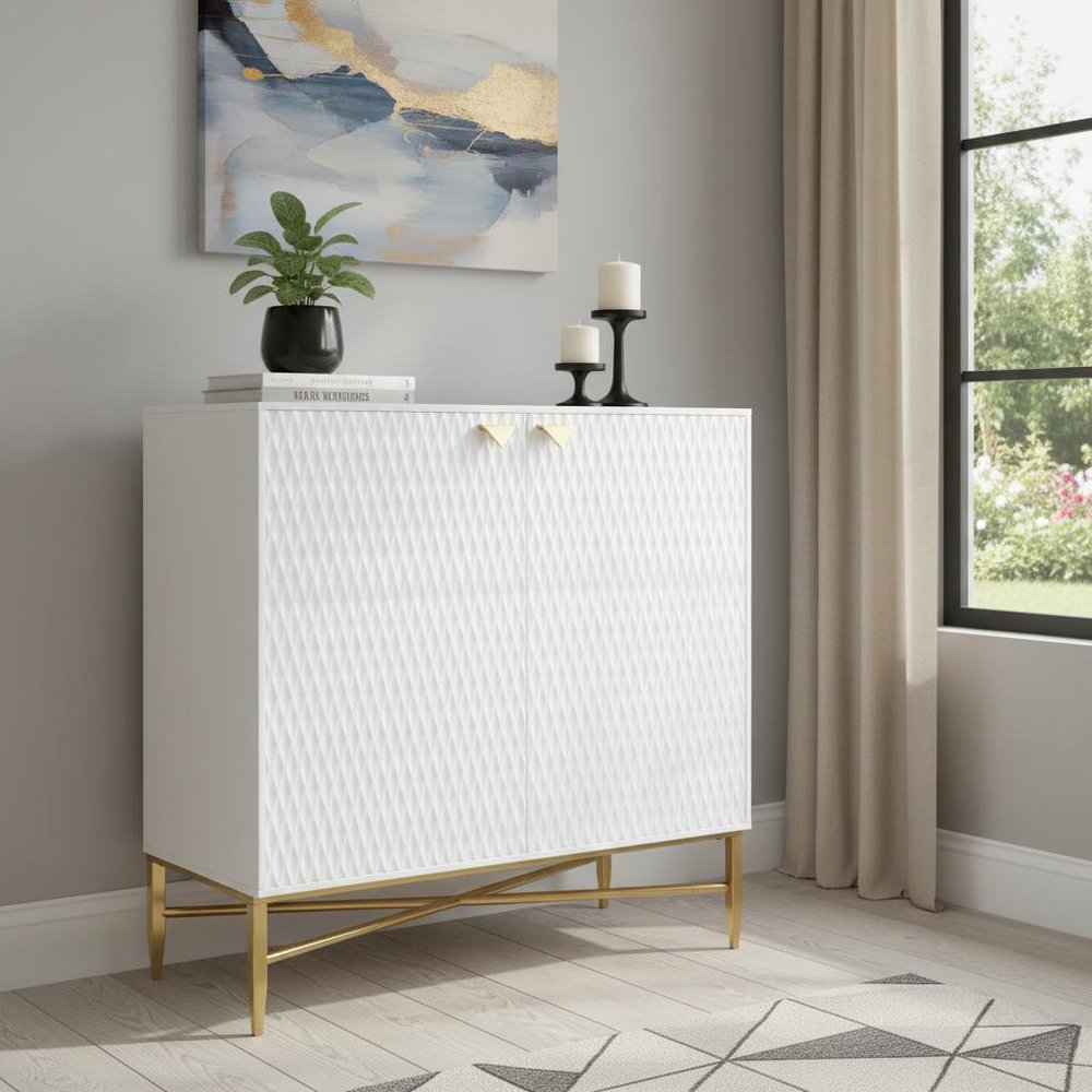 32" White and Gold Wood Accent Cabinet With Two Doors