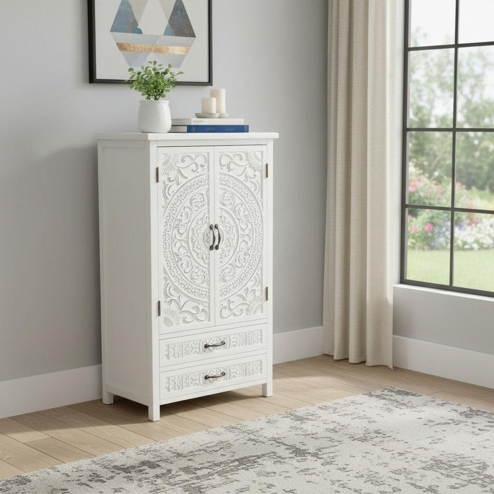 27" White Wood Accent Cabinet With Two Doors And Two Drawers