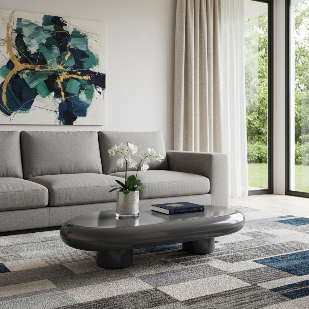 46" Gray Wood and Steel Oval Coffee Table