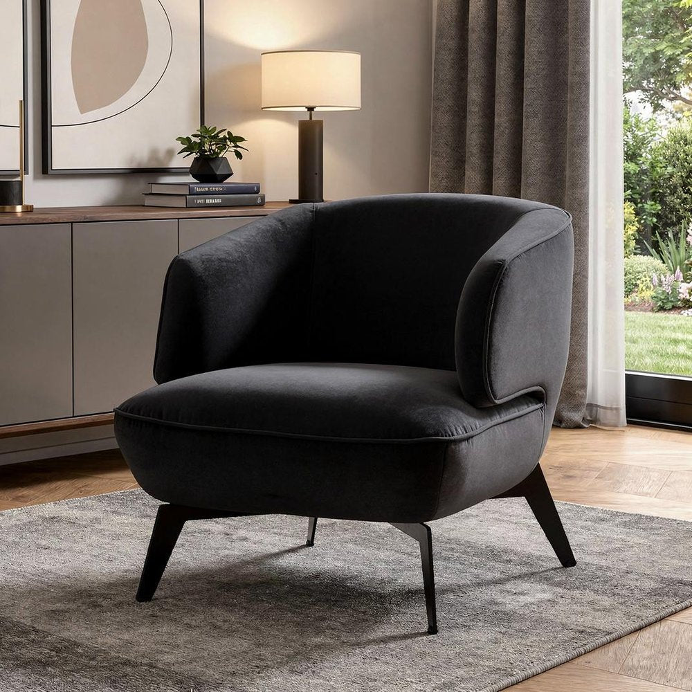28" Black Velvet and Steel Lounge Chair