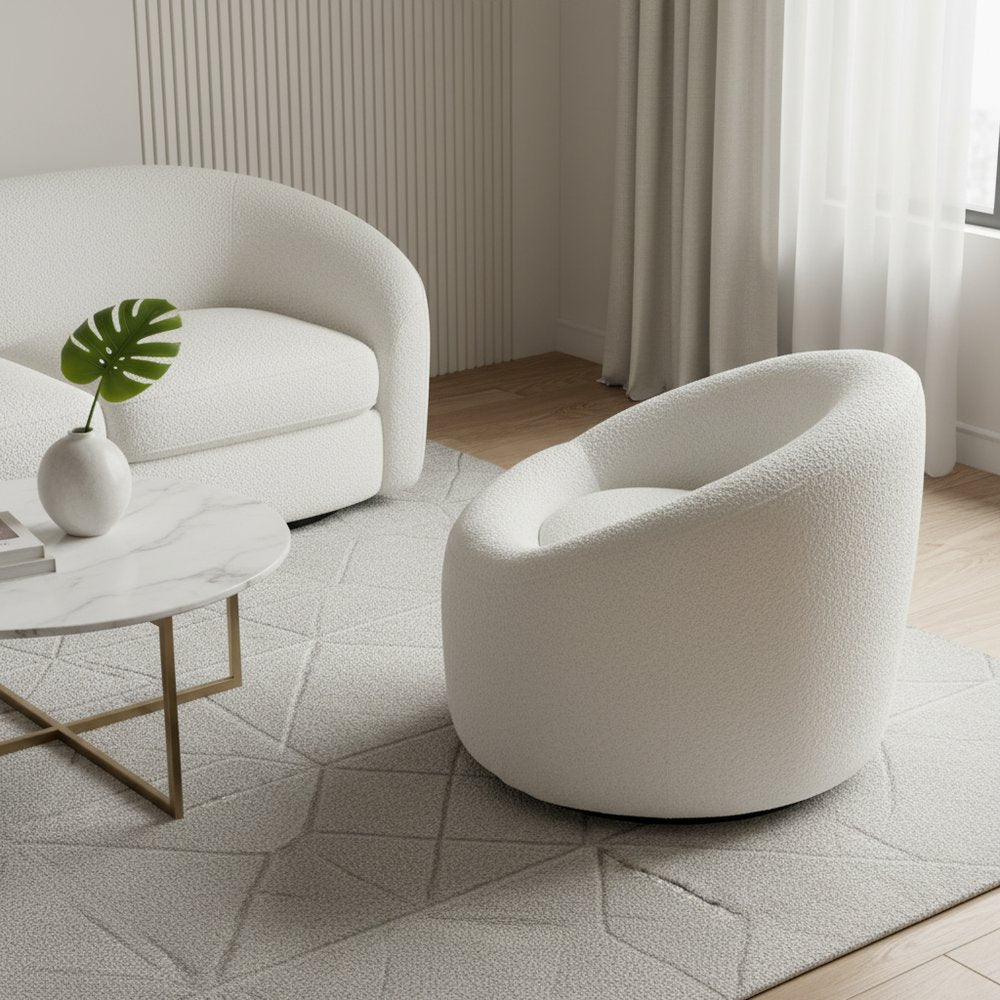 33" White Boucle Swivel Lounge Chair