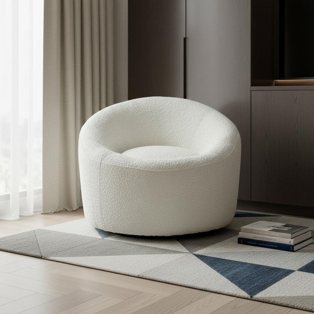 33" White Boucle Swivel Lounge Chair