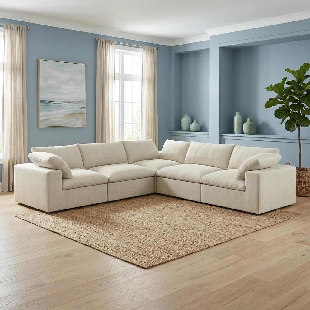 Khaki Linen Blend L Shaped Five Piece Corner Sectional