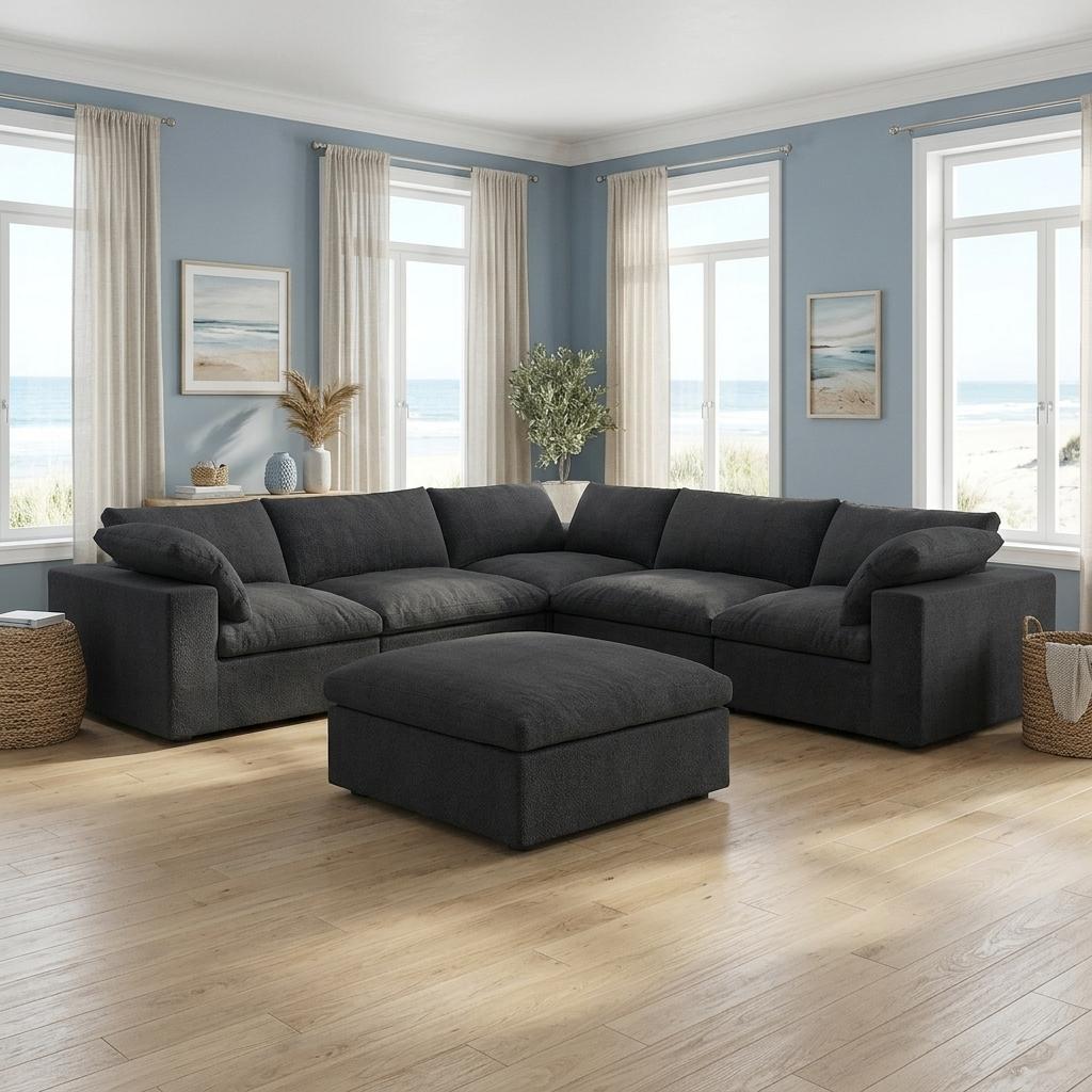 Black Linen Blend Modular L Shaped Six Piece Corner Sectional With Ottoman