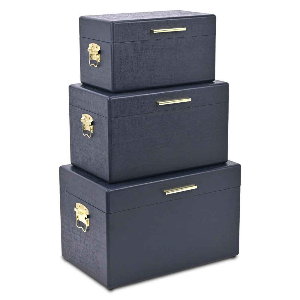Set of Three Navy Blue Wood Hand Painted Decorative Box