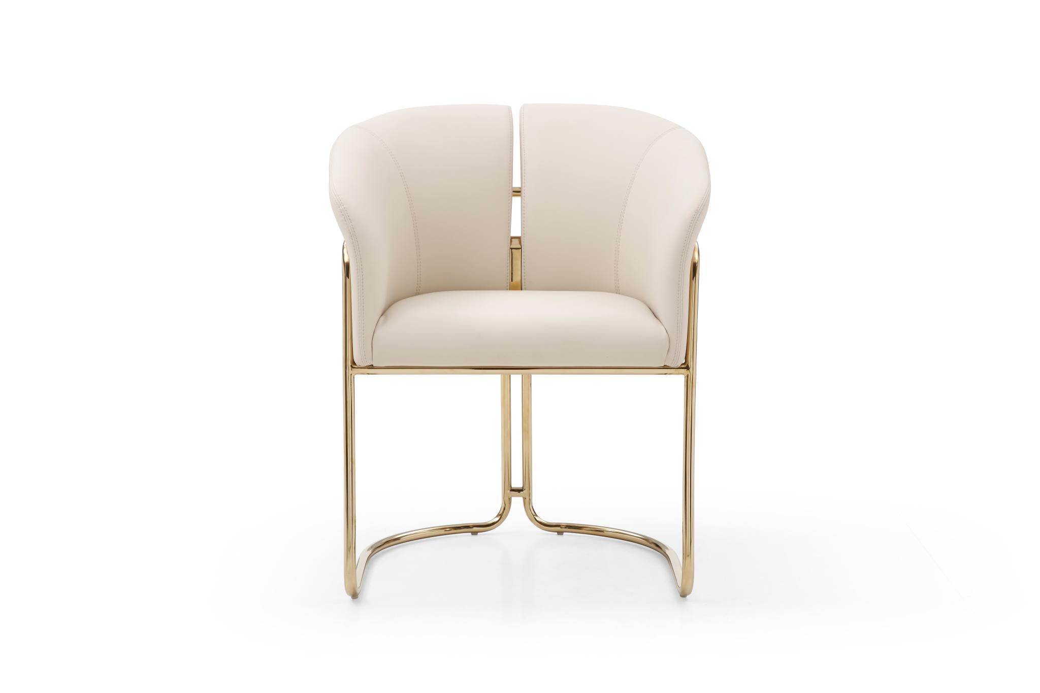 Beige and Gold Faux Leather and Metal Partially Open Back Dining Arm Chair