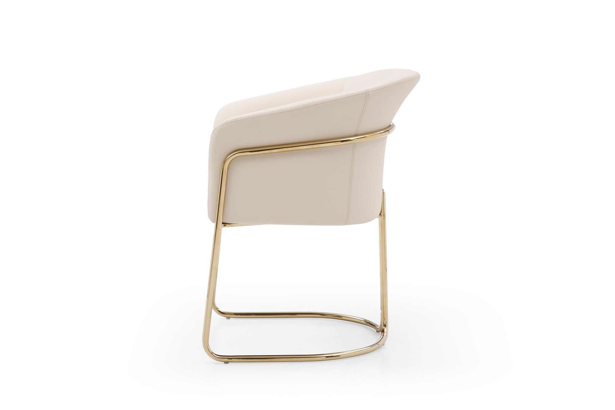 Beige and Gold Faux Leather and Metal Partially Open Back Dining Arm Chair