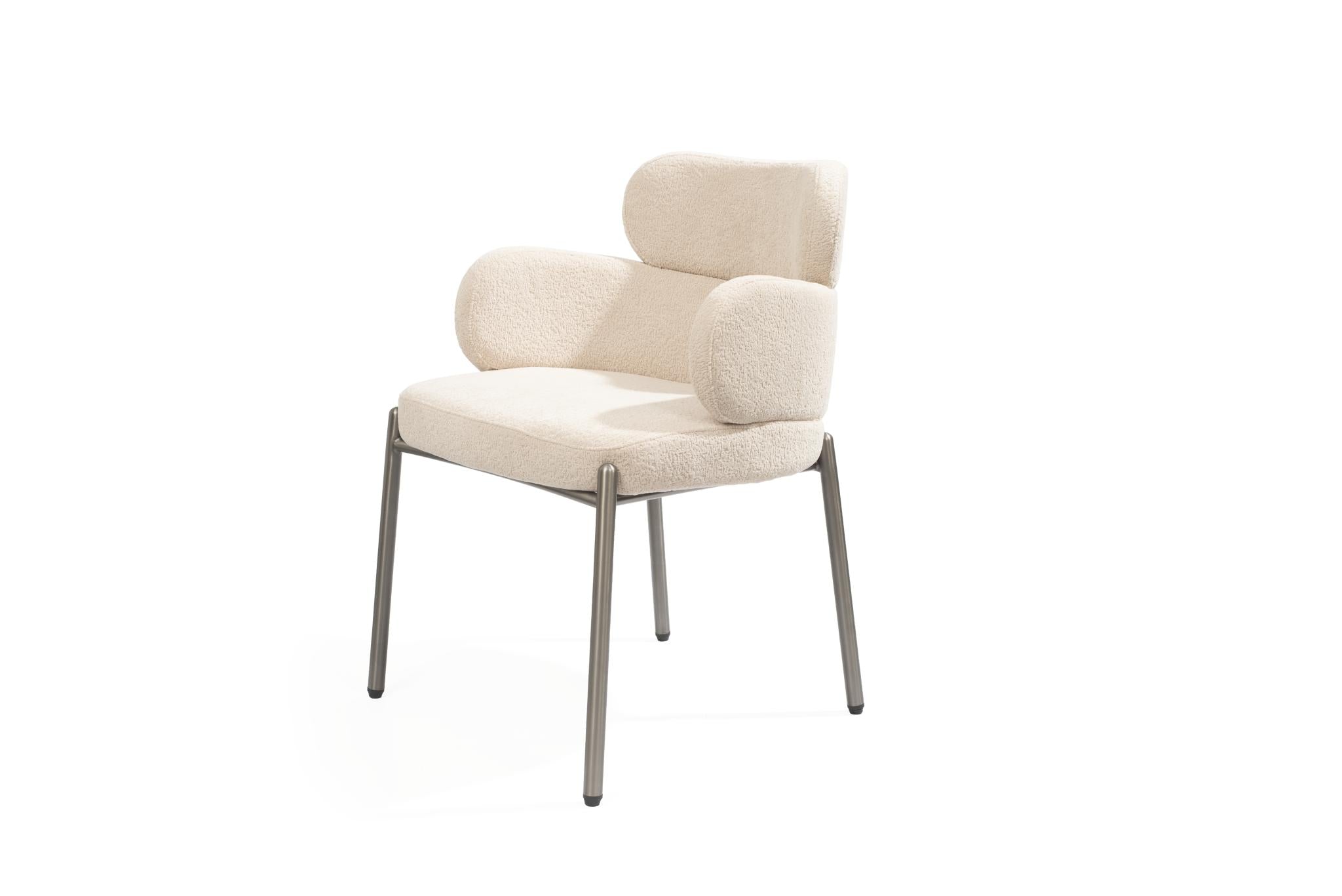 Beige and Gunmetal Boucle and Steel Dining Arm Chair