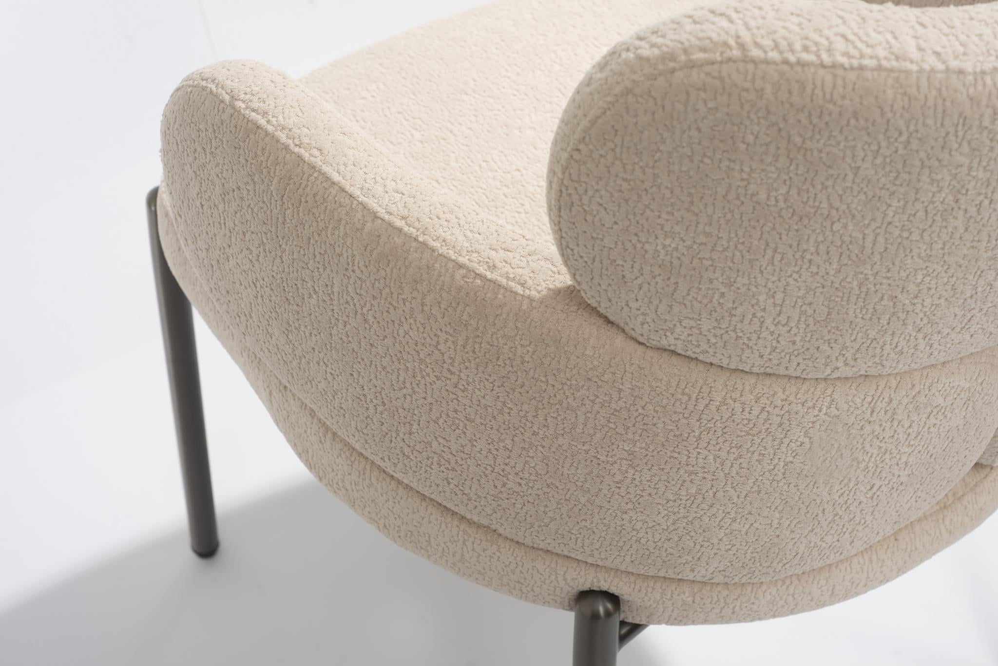 Beige and Gunmetal Boucle and Steel Dining Arm Chair