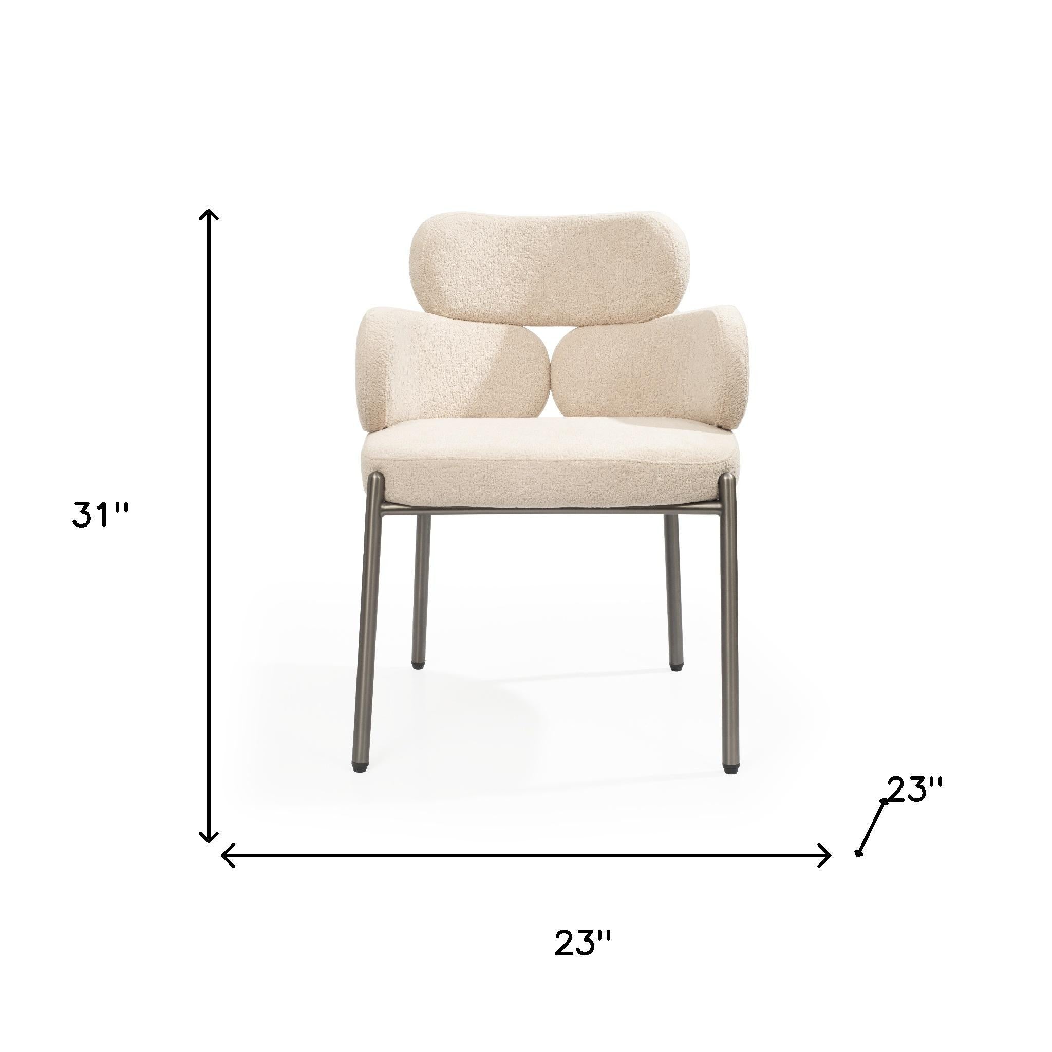Beige and Gunmetal Boucle and Steel Dining Arm Chair