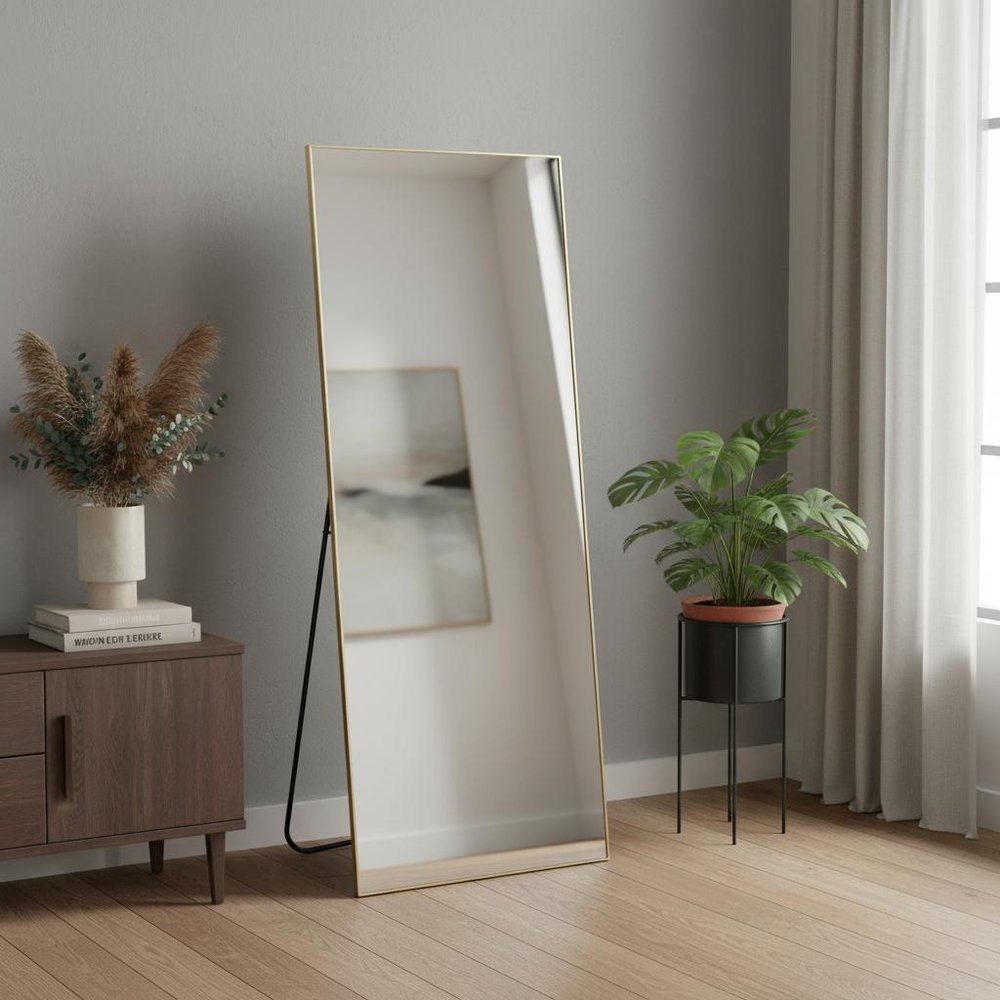 70" Gold Metal Wall Mounted Leaning And Freestanding Framed Standing Mirror