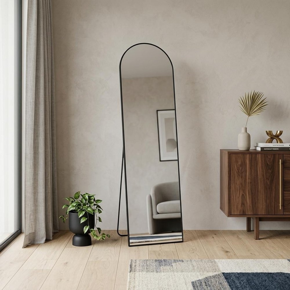 59" Black Metal Arch Wall Mounted Leaning Or Freestanding Framed Full Length Mirror