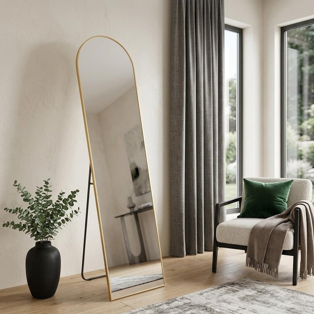 59" Black Metal Arch Wall Mounted Leaning Or Freestanding Framed Full Length Mirror