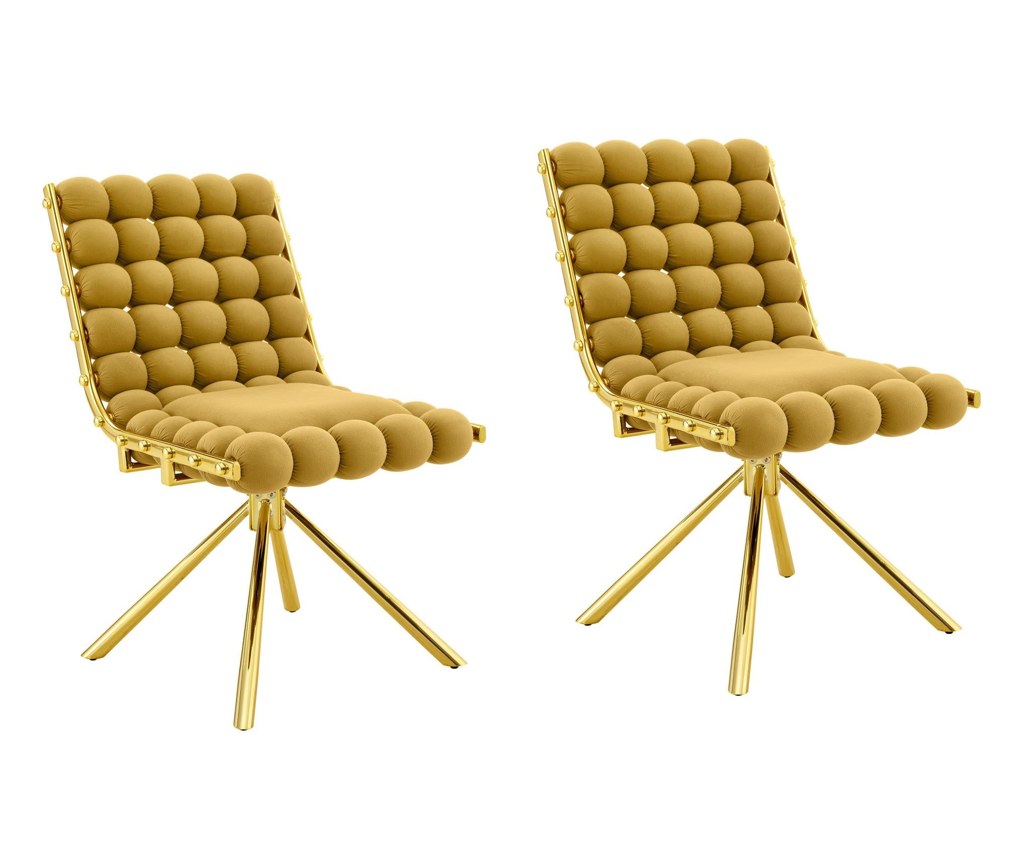 Set of Two Gold Tufted Microfiber Swivel Dining Side Chairs