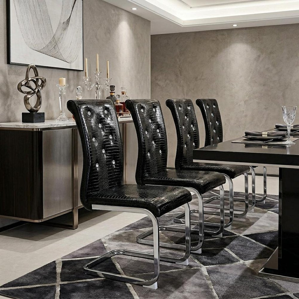 Set of Four Black and Silver Faux Leather Dining Side Chairs