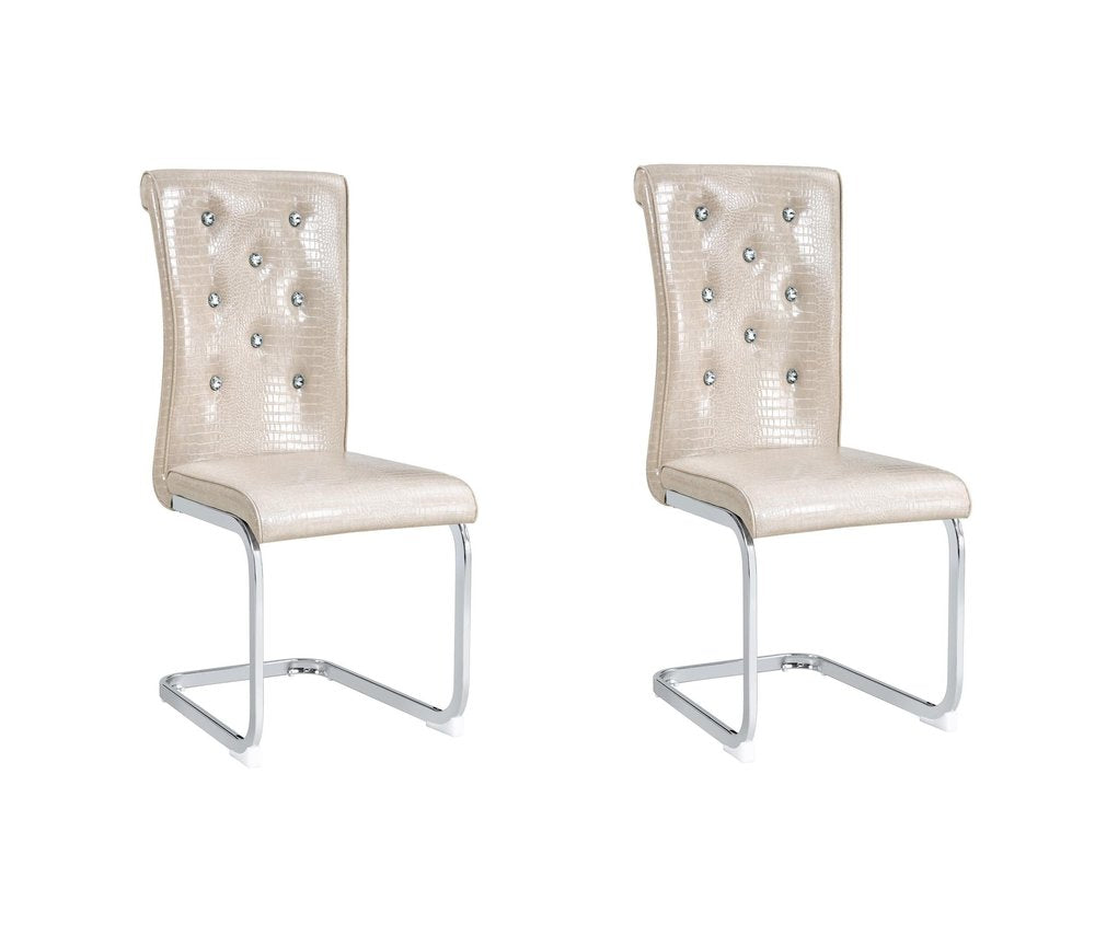 Set of Two Beige and Silver Faux Leather Dining Side Chairs