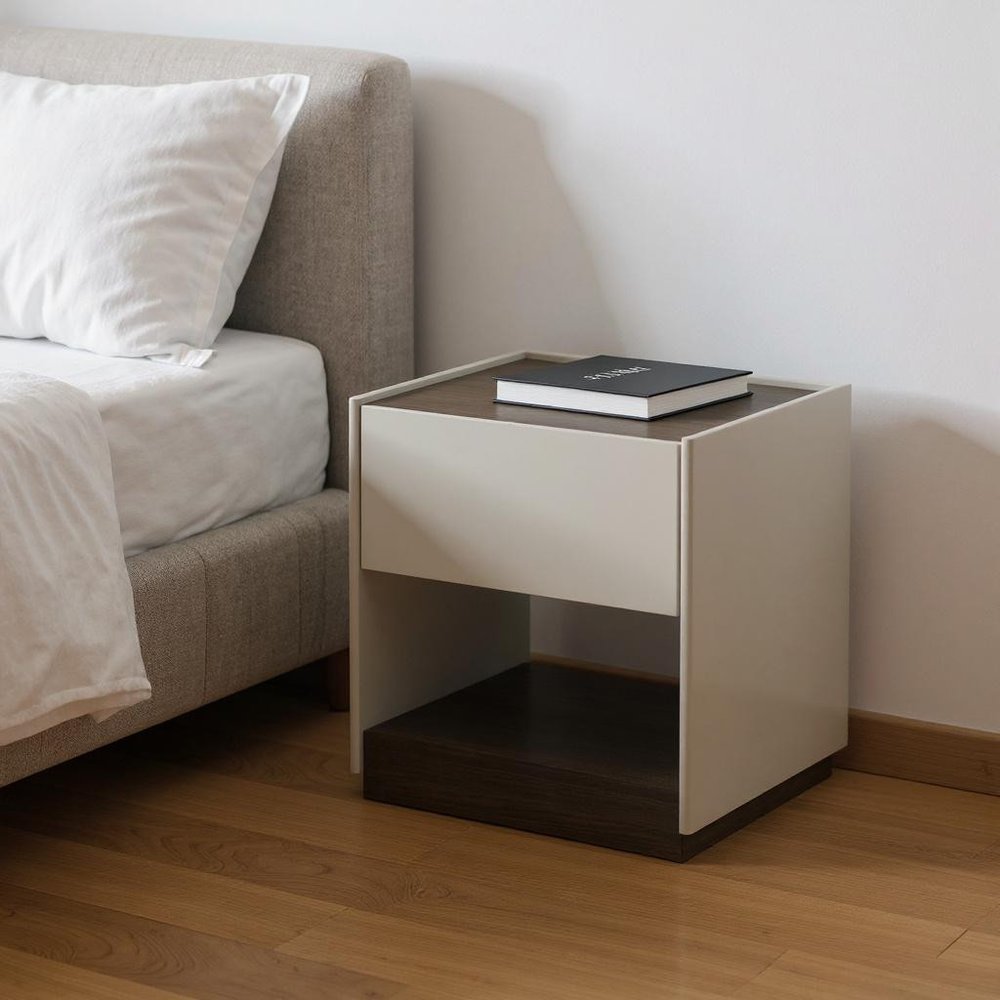 23" Light Gray And Walnut Wood One Drawer Nightstand