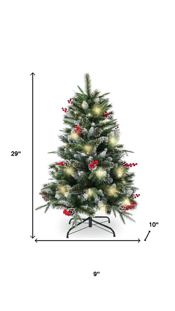 4' Green And White Pre Lit Full Flocked Pine Christmas Tree With Decorations