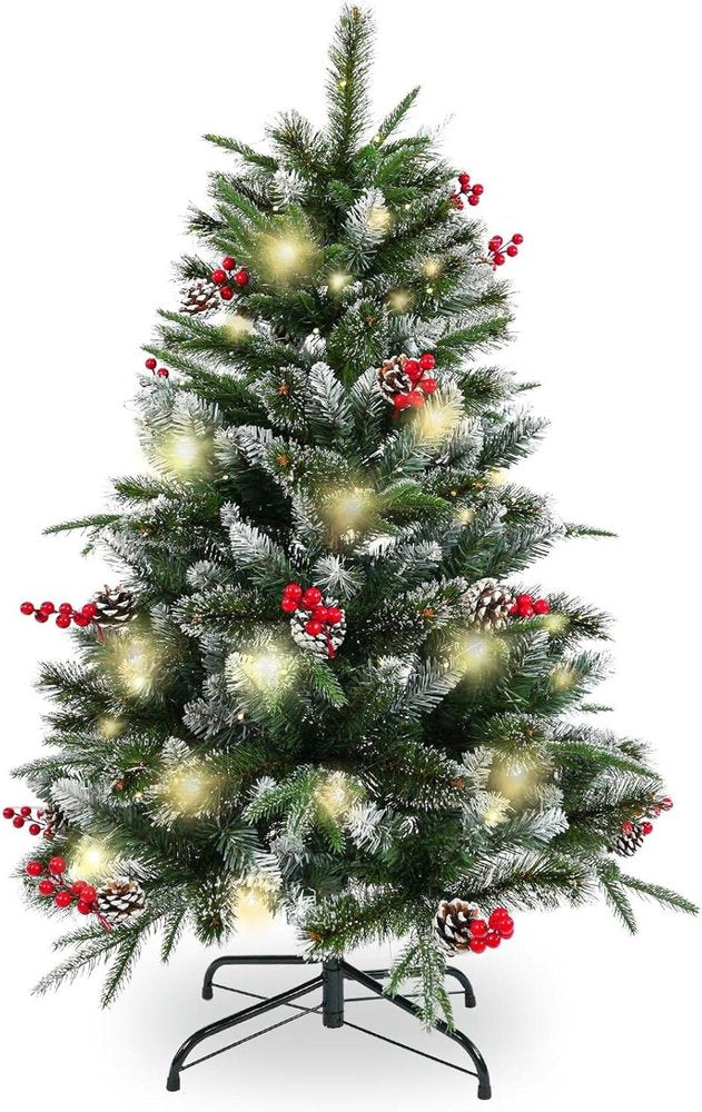 4' Green And White Pre Lit Full Flocked Pine Christmas Tree With Decorations