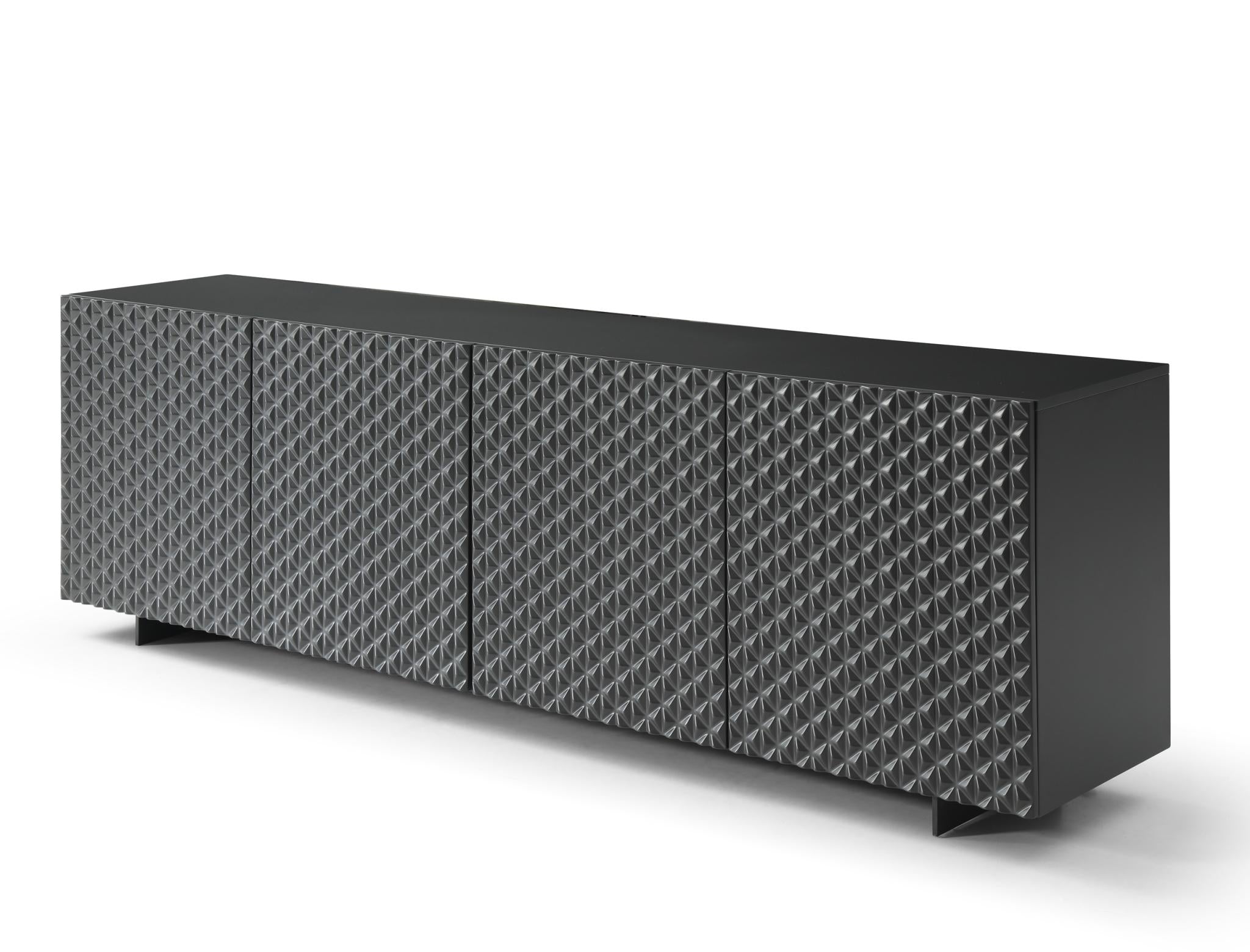 94" Dark Gray Wood Carved Geometric Sideboard With Four Doors