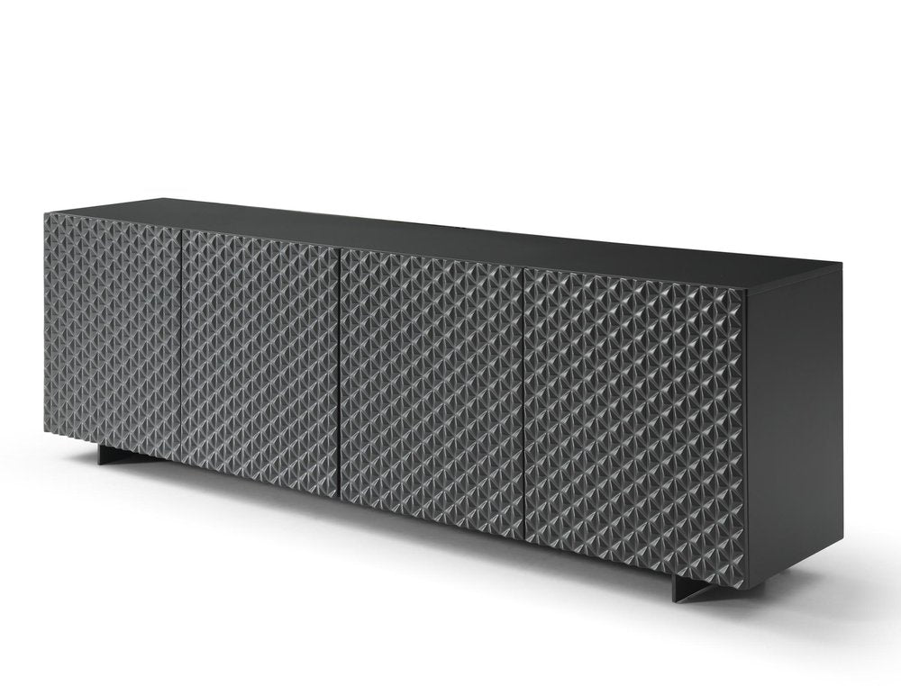 94" Dark Gray Wood Carved Geometric Sideboard With Four Doors