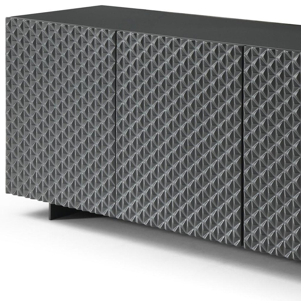 94" Dark Gray Wood Carved Geometric Sideboard With Four Doors