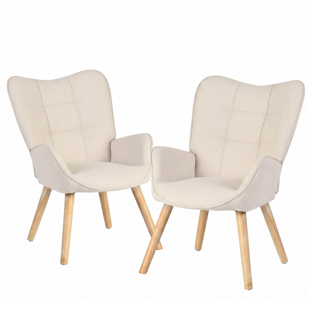 23" Beige and Natural Tufted Chenille and Solid Wood Wingback Chair