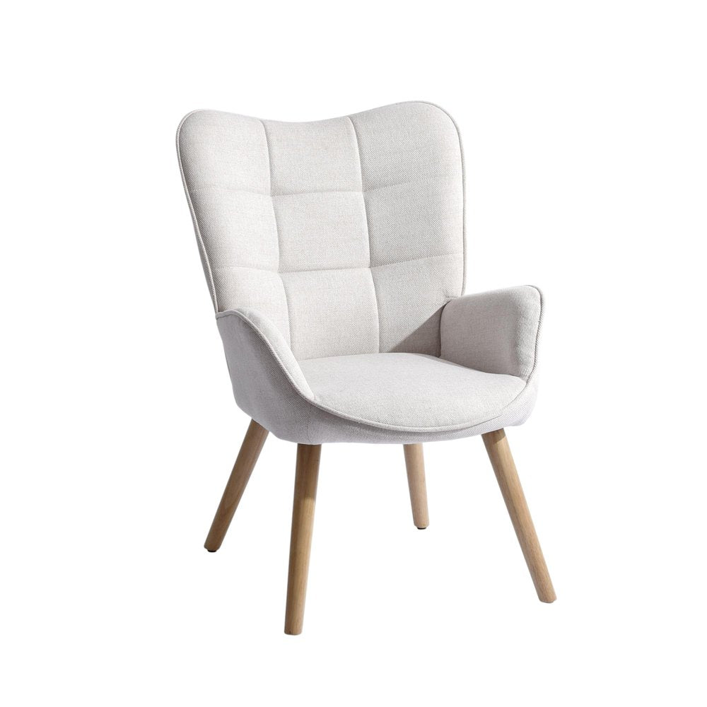 23" Beige and Natural Tufted Chenille and Solid Wood Wingback Chair
