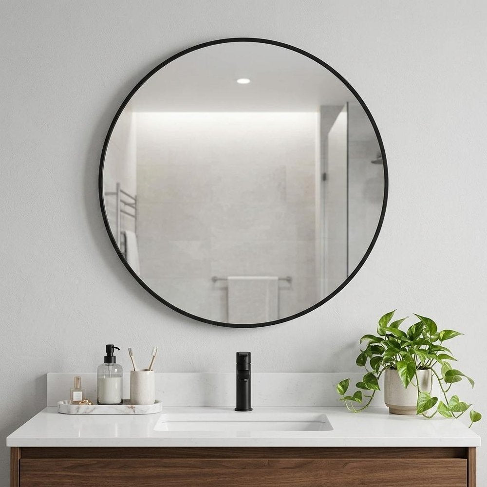 30" Black Metal Round Framed Bathroom Vanity Mirror