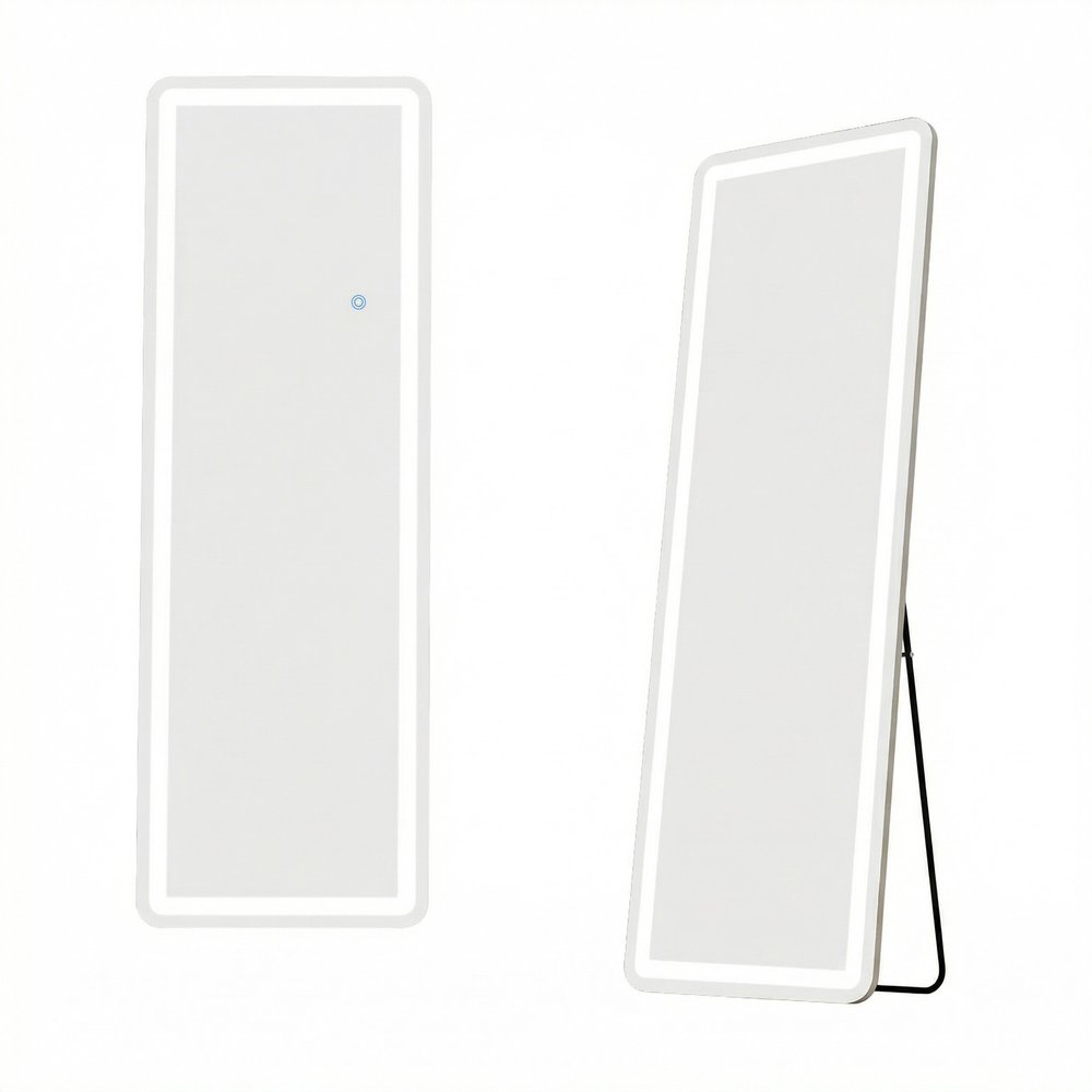 64" Silver Glass Lighted Wall Mounted Leaning And Freestanding Framed Full Length Mirror