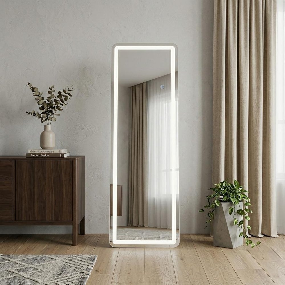 64" Silver Glass Lighted Wall Mounted Leaning And Freestanding Framed Full Length Mirror