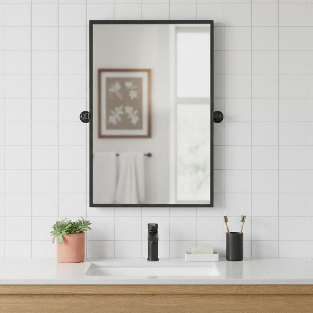 31" Black Iron Tilting Framed Bathroom Vanity Mirror