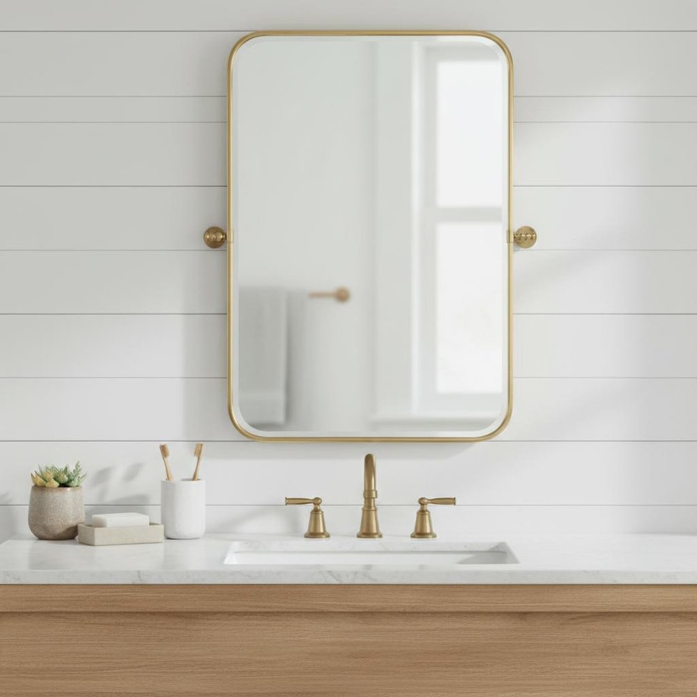 Set of Two Gold Iron Tilting Framed Bathroom Vanity Mirror