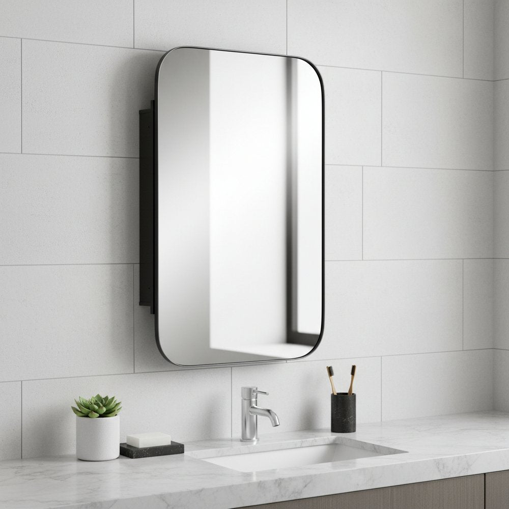 24" Black Metal Framed Bathroom Vanity Mirror With Cabinet