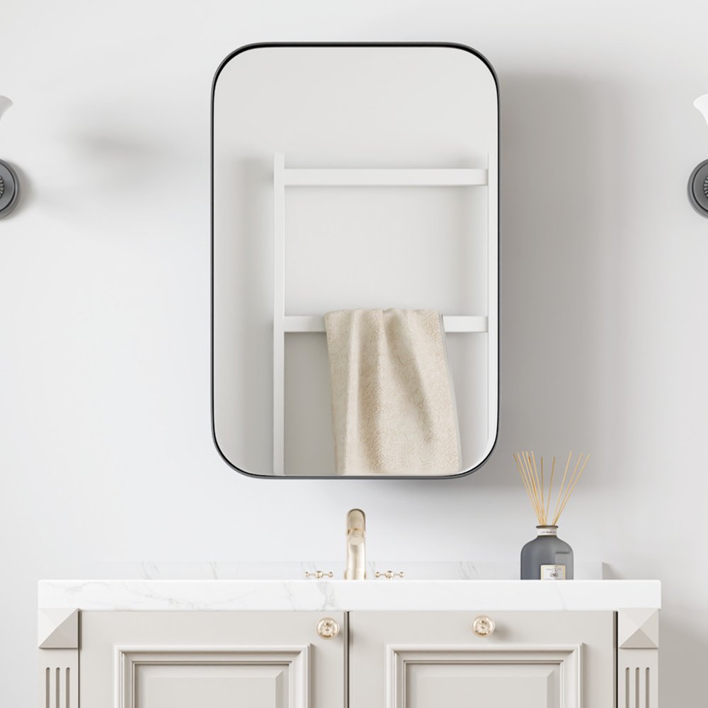 24" Black Metal Framed Bathroom Vanity Mirror With Cabinet