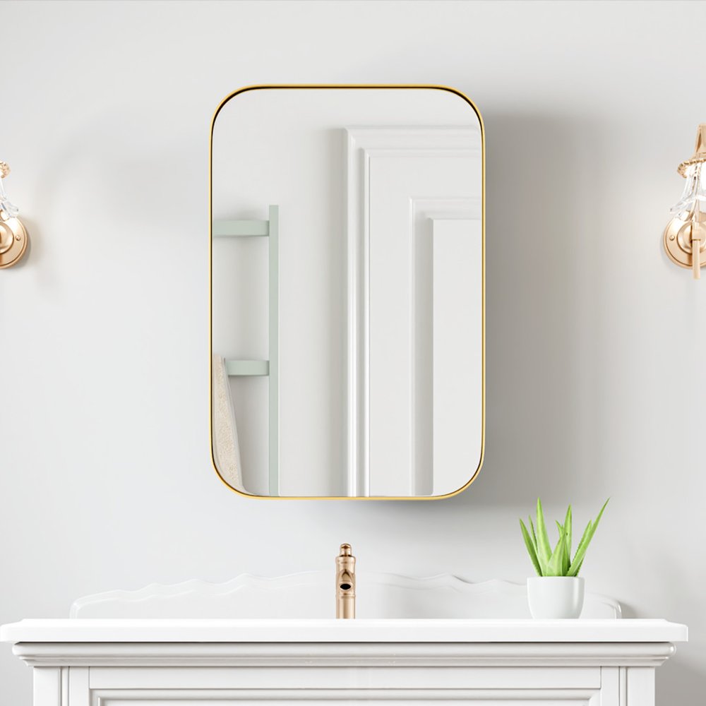 24" Gold Metal Framed Bathroom Vanity Mirror With Cabinet