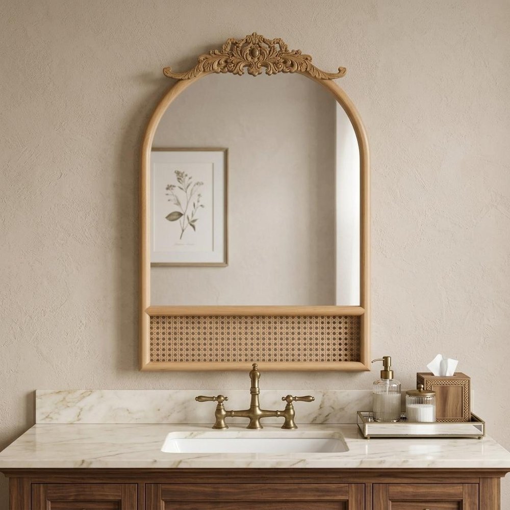 36" Brown Wood And Rattan Arch With Scroll Framed Accent Mirror