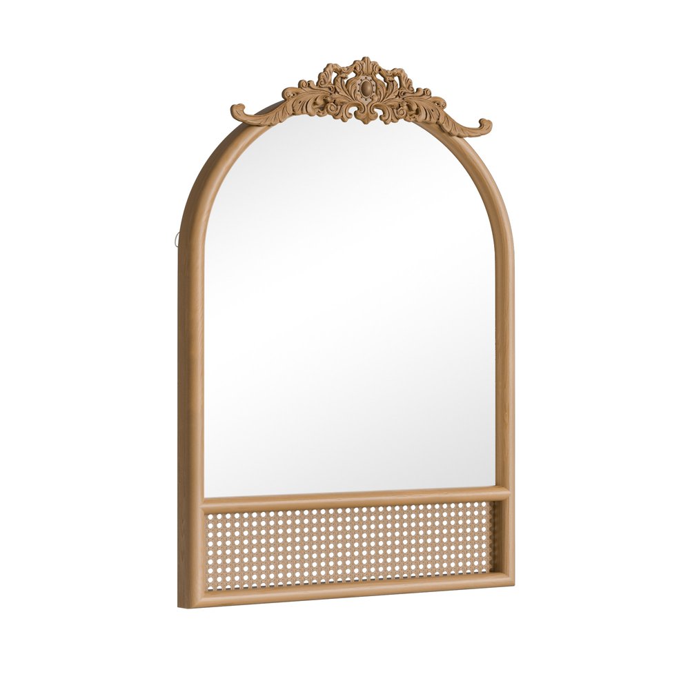 36" Brown Wood And Rattan Arch With Scroll Framed Accent Mirror