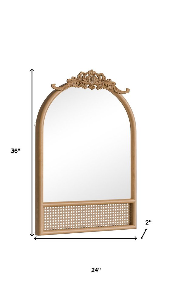36" Brown Wood And Rattan Arch With Scroll Framed Accent Mirror