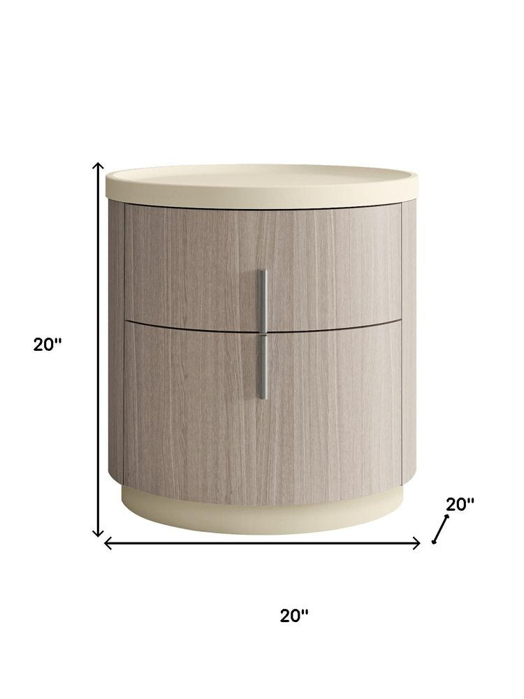 20" Beige And Oak Wood Round Two Drawer Nightstand