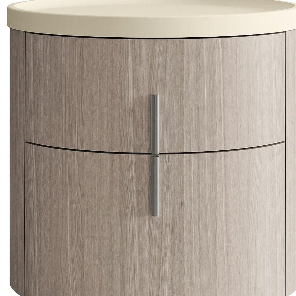 20" Beige And Oak Wood Round Two Drawer Nightstand