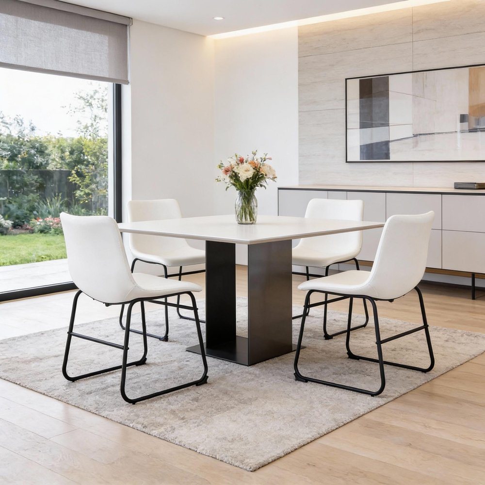 Set of Four White and Black Faux Leather and Metal Dining Side Chairs