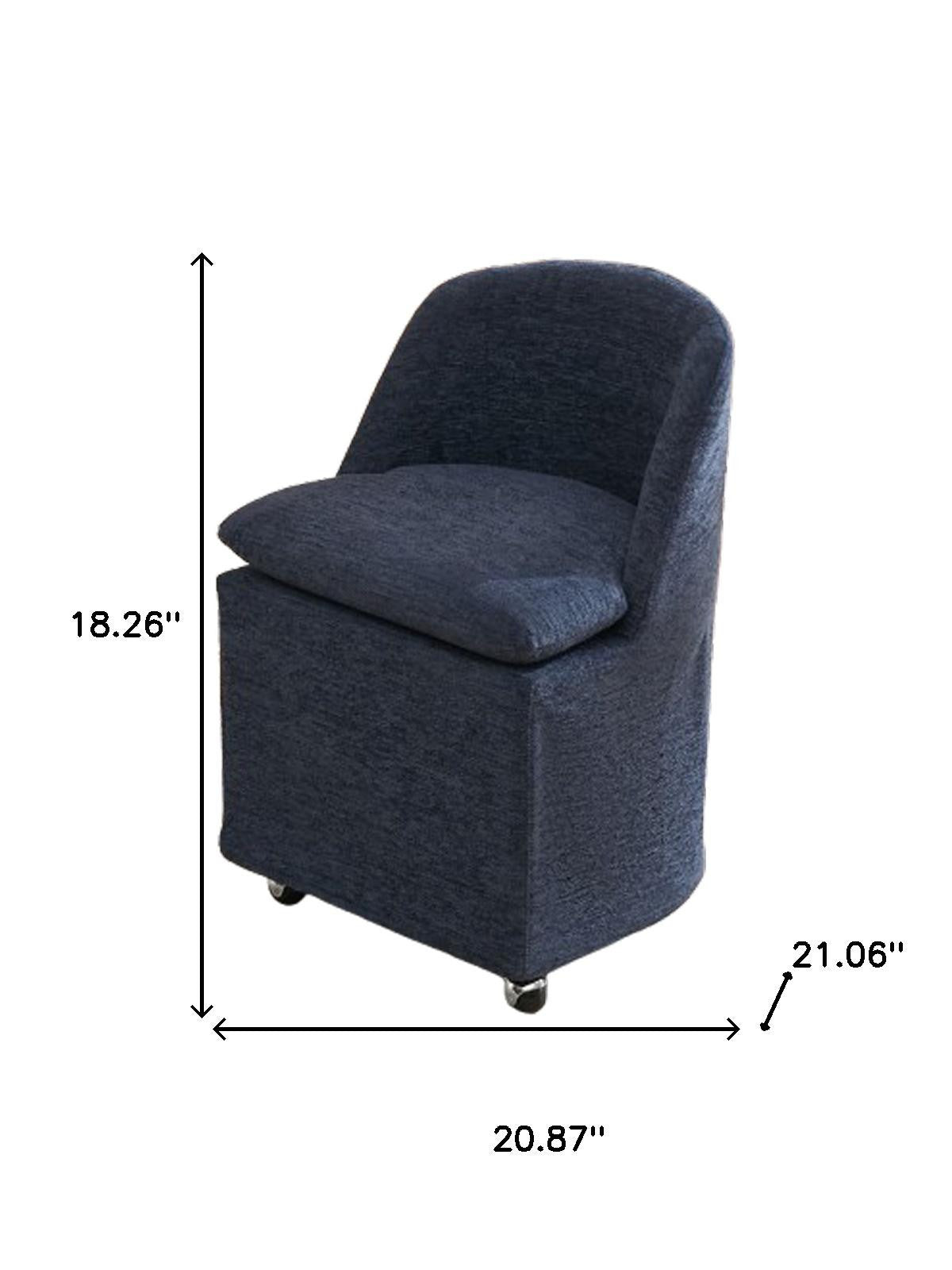 Set of Two Blue Chenille Wing Back Dining Chairs With Wheels