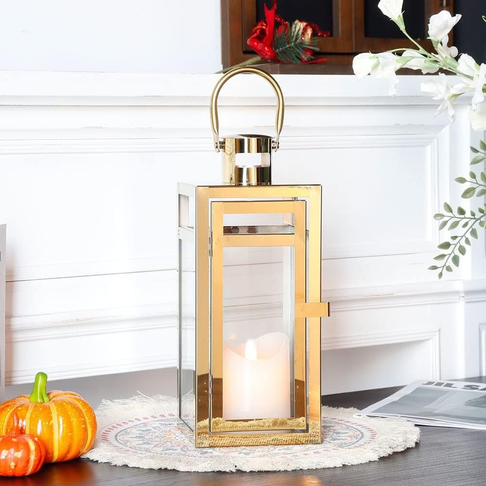 12" Clear And Gold Glass And Stainless Steel Tabletop Lantern Candle Holder