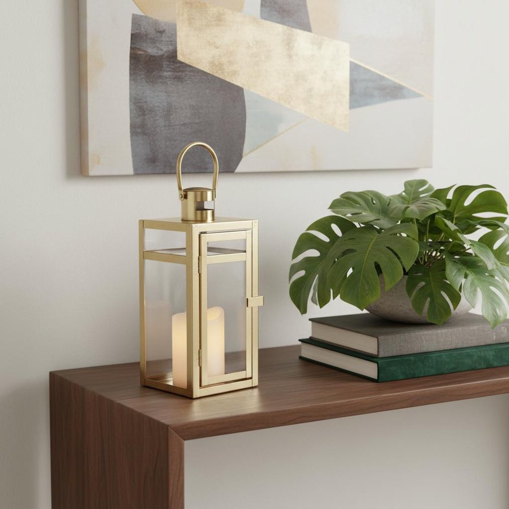12" Clear And Gold Glass And Stainless Steel Tabletop Lantern Candle Holder