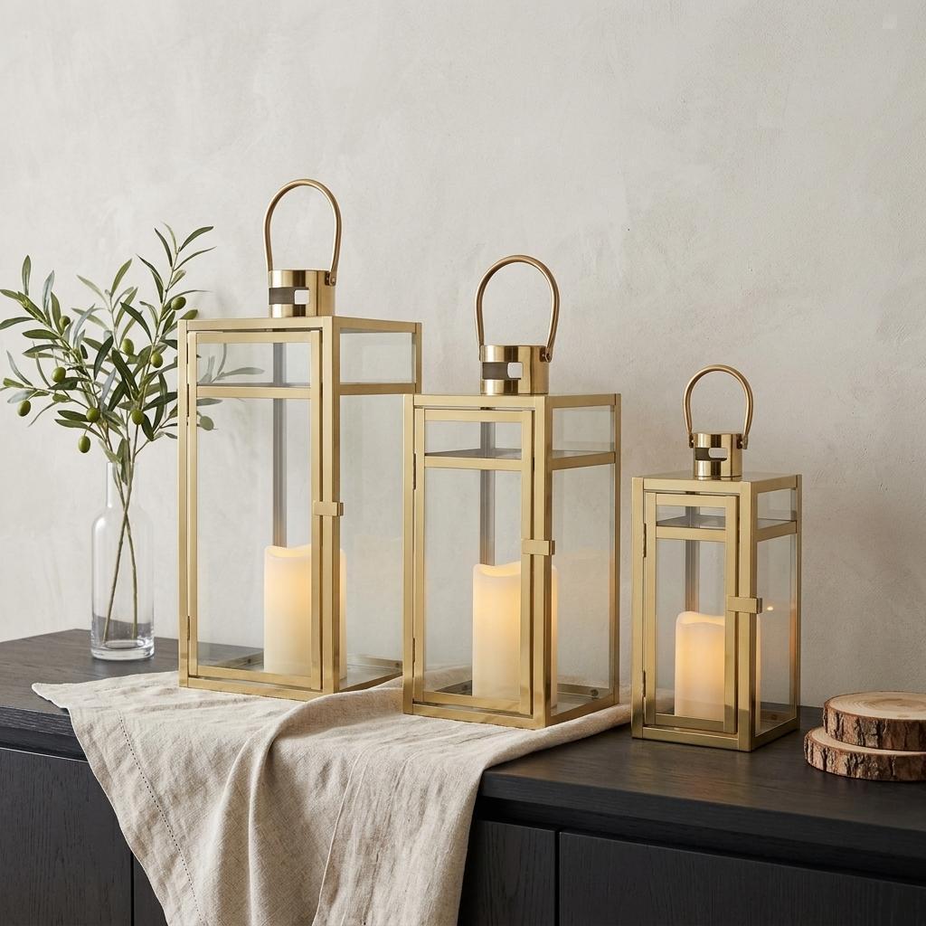 Set of Three Clear And Gold Glass And Stainless Steel Tabletop Lantern Candle Holders