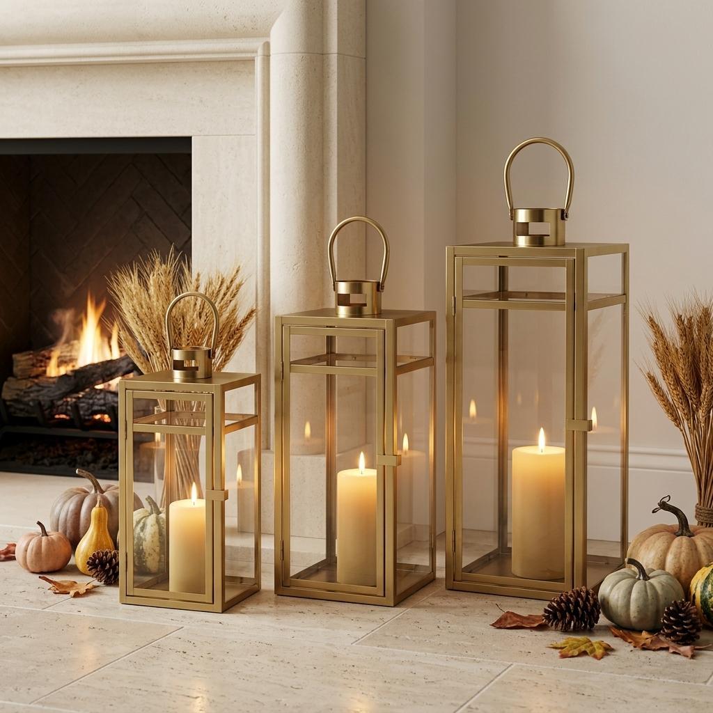 Set of Three Clear And Gold Glass And Stainless Steel Tabletop Lantern Candle Holders