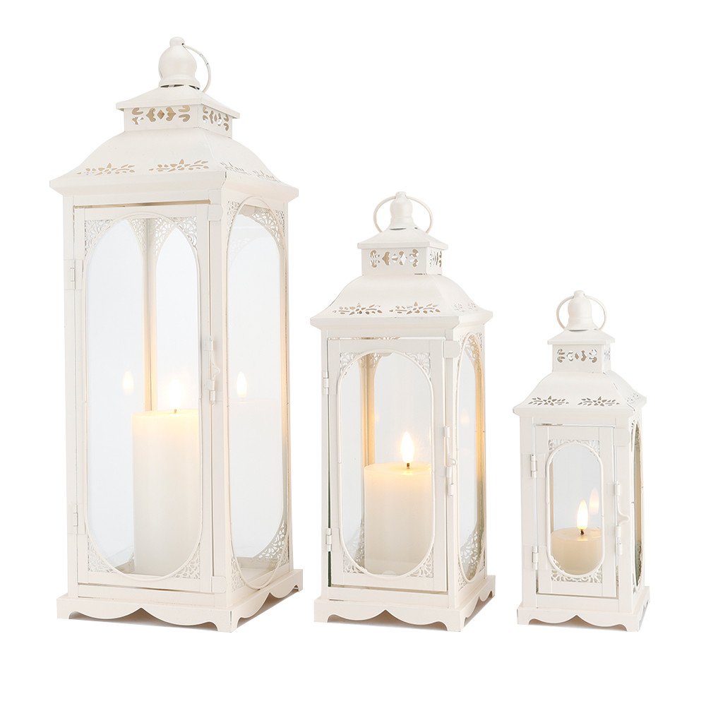 Set of Three Clear And White Glass And Metal Floor Lantern Candle Holders