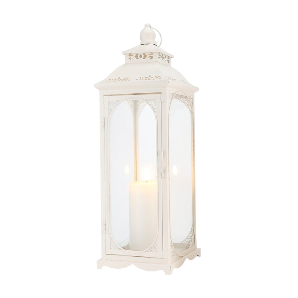 Set of Three Clear And White Glass And Metal Floor Lantern Candle Holders