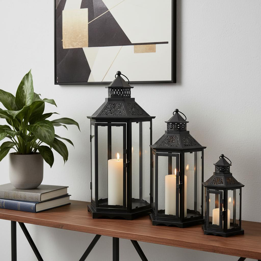 Set of Three Clear And Black Glass And Metal Floor Lantern Candle Holders